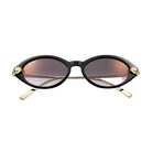 Sunglasses with black frame and gold accents on a light gray background