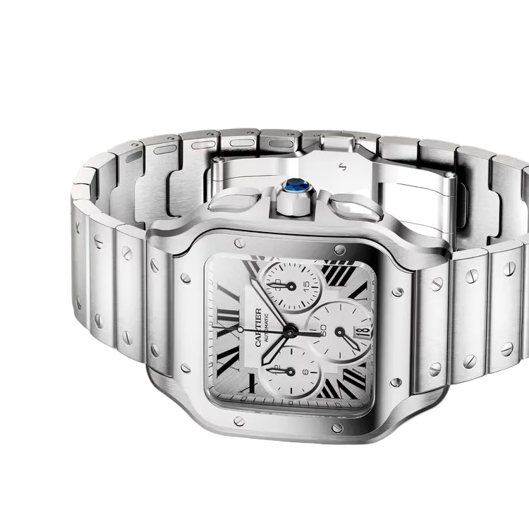 Silver Cartier watch on a light gray background