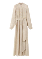 Beige patterned dress with a belt on a white background