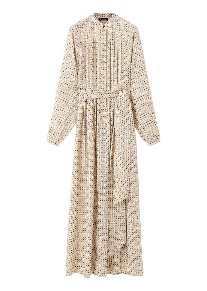 Beige patterned dress with a belt on a white background
