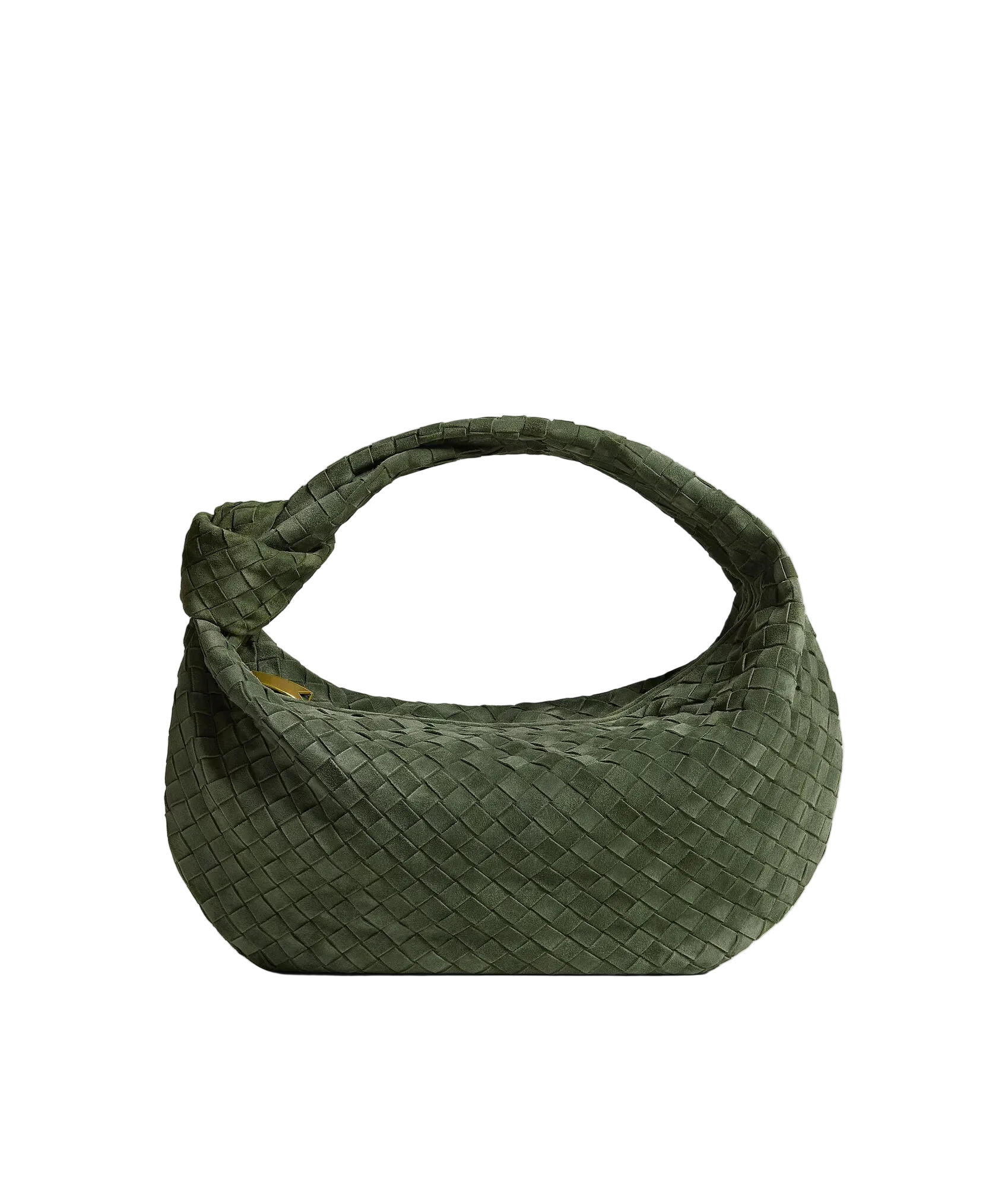 Green woven handbag on a light gray background