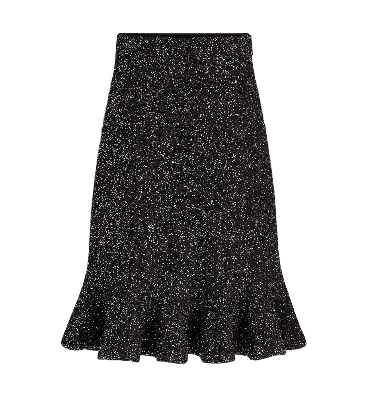 A black midi skirt with a subtle silver glitter texture and a flared ruffled hem, shown flat against a light gray background.