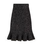 A black midi skirt with a subtle silver glitter texture and a flared ruffled hem, shown flat against a light gray background.