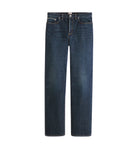 Pair of blue jeans on a light gray background