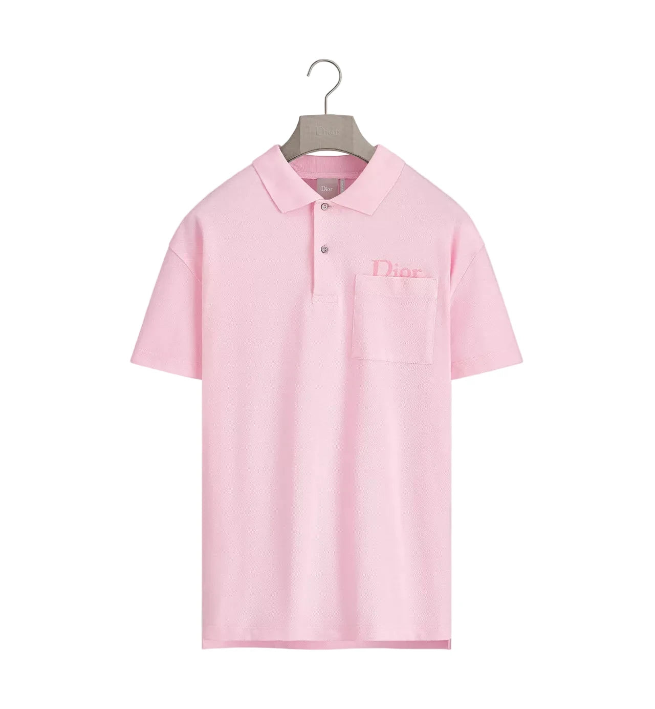 Pink polo shirt with brand logo on a hanger against a light gray background