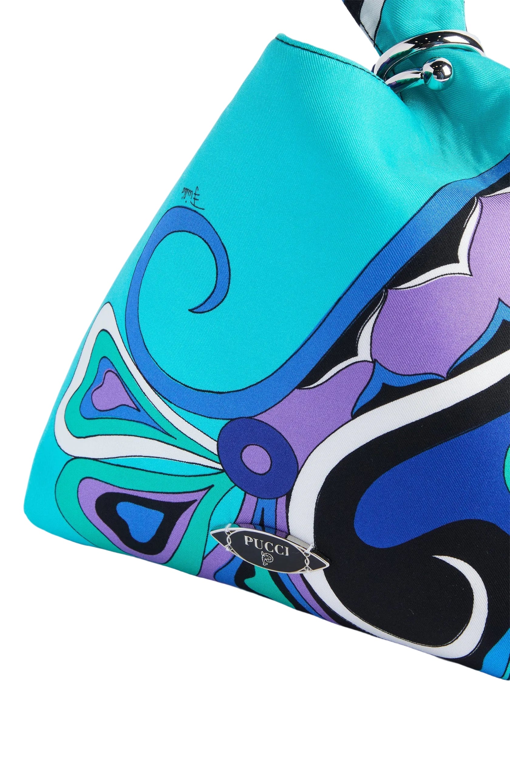 Colorful handbag with abstract design and Prada logo on a white background