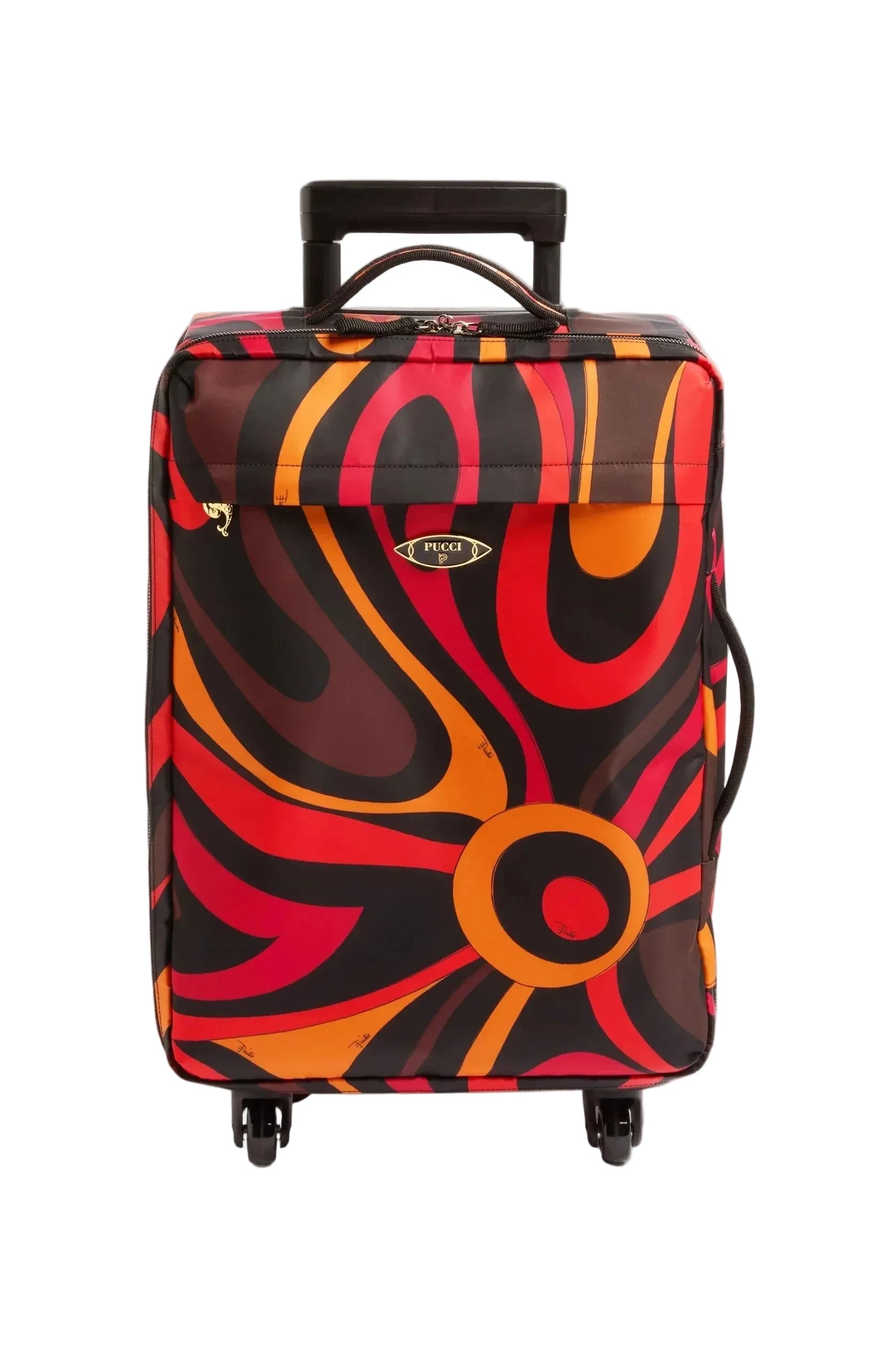 Colorful suitcase with abstract design on a light gray background