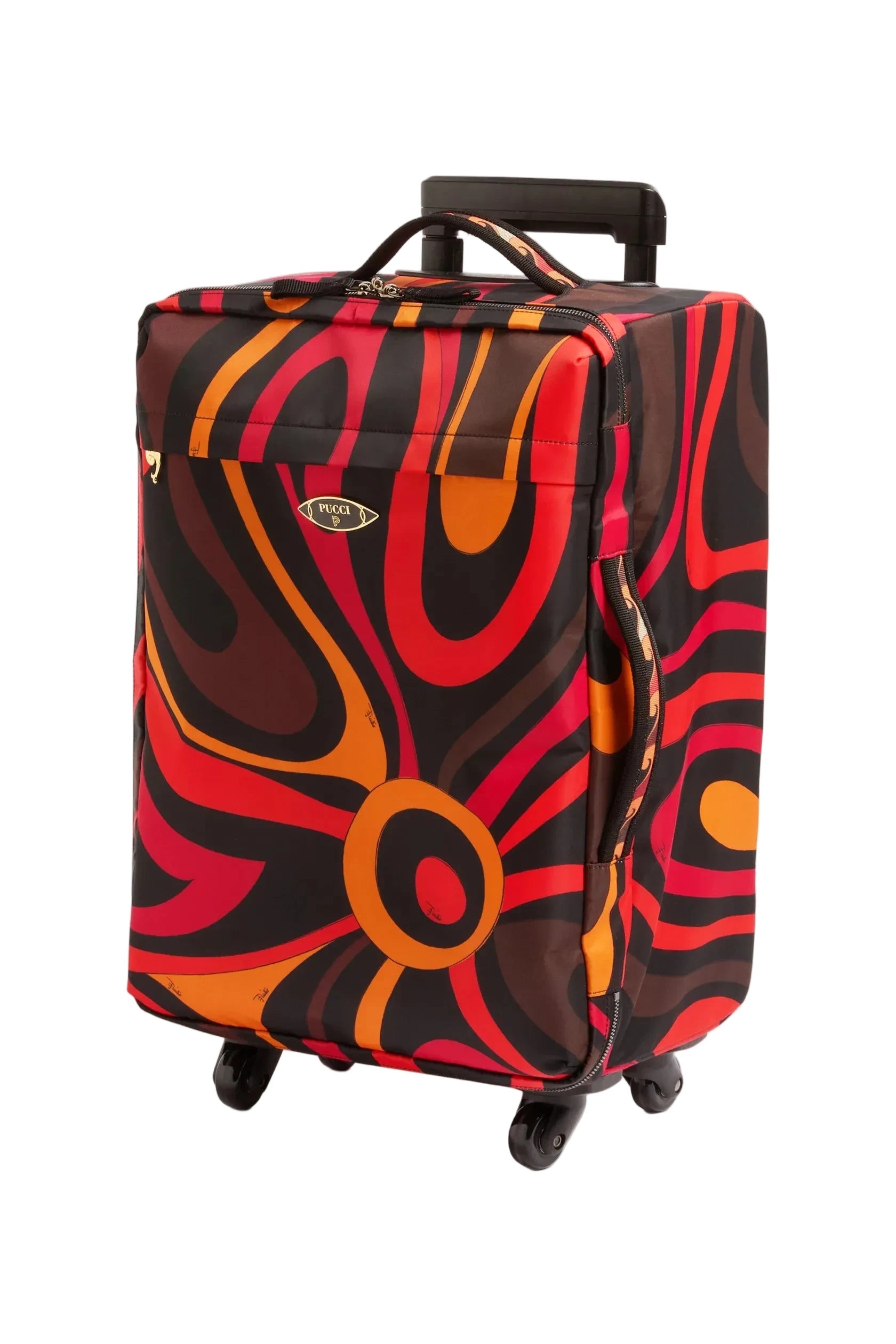 Colorful suitcase with abstract design on a white background