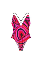 One-piece swimsuit with a vibrant pink, red, and black abstract pattern on a light gray background