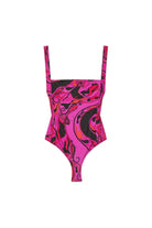 Pink and black patterned swimsuit on a white background