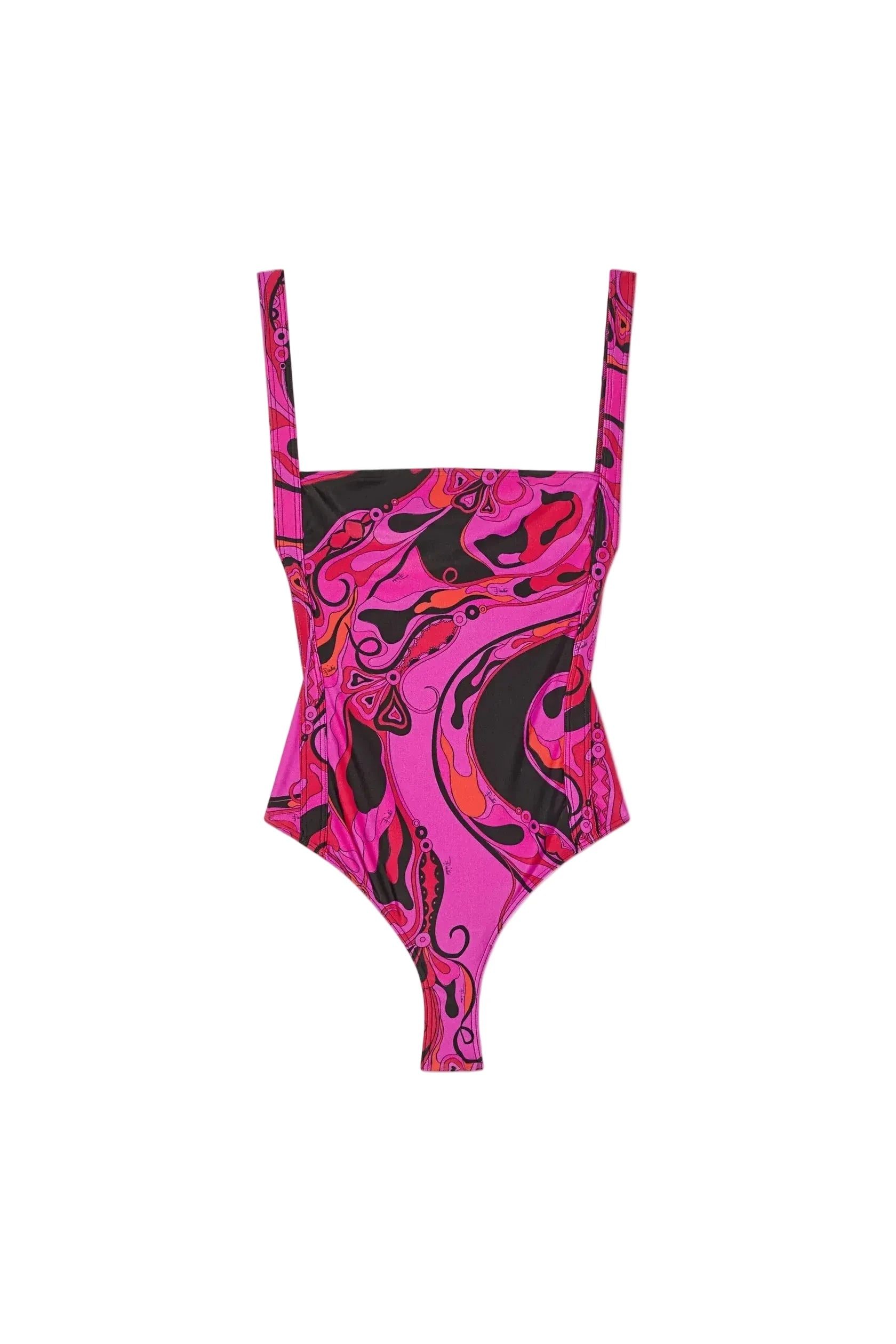 Pink and black patterned swimsuit on a white background