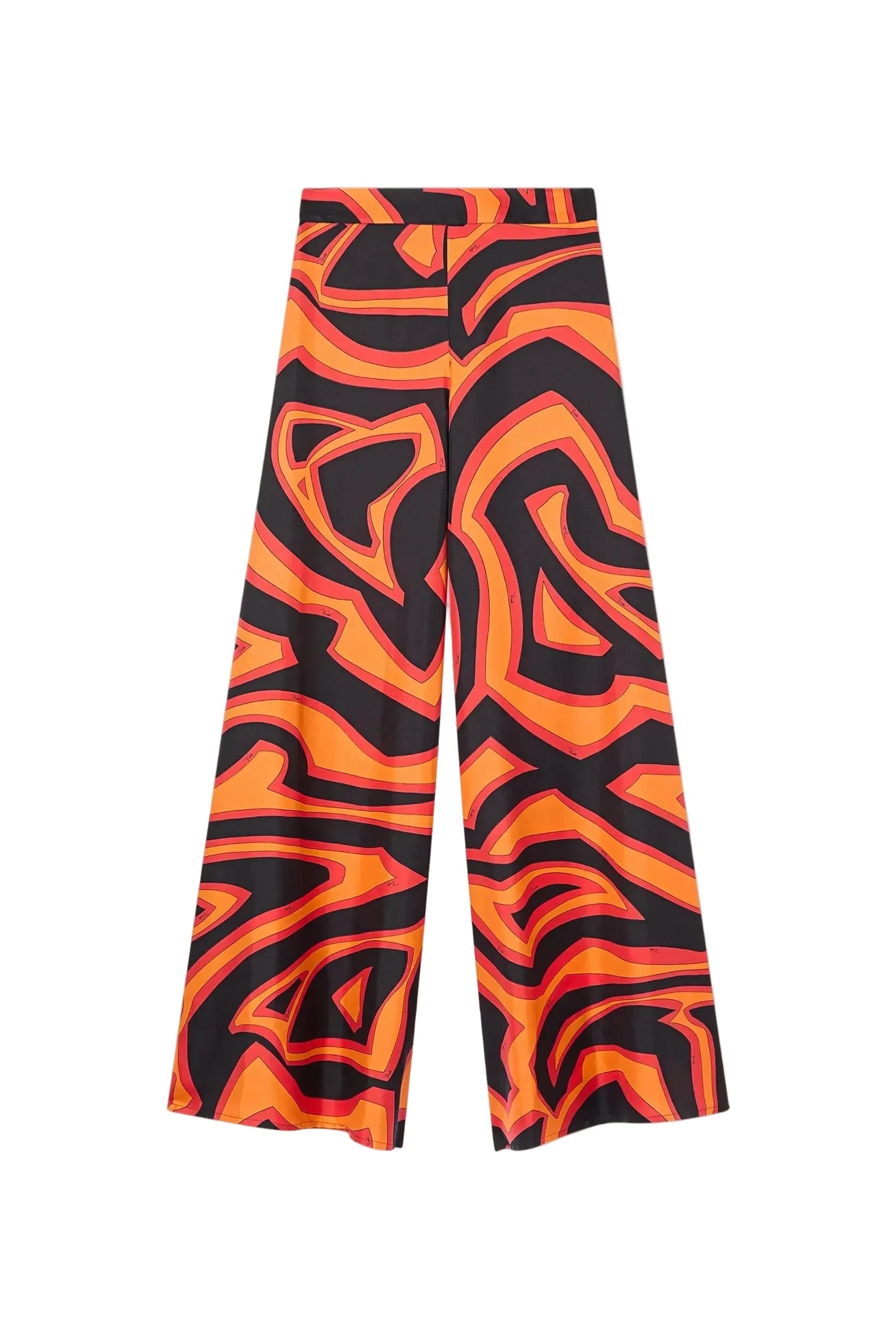 Black and orange patterned pants on a light beige background