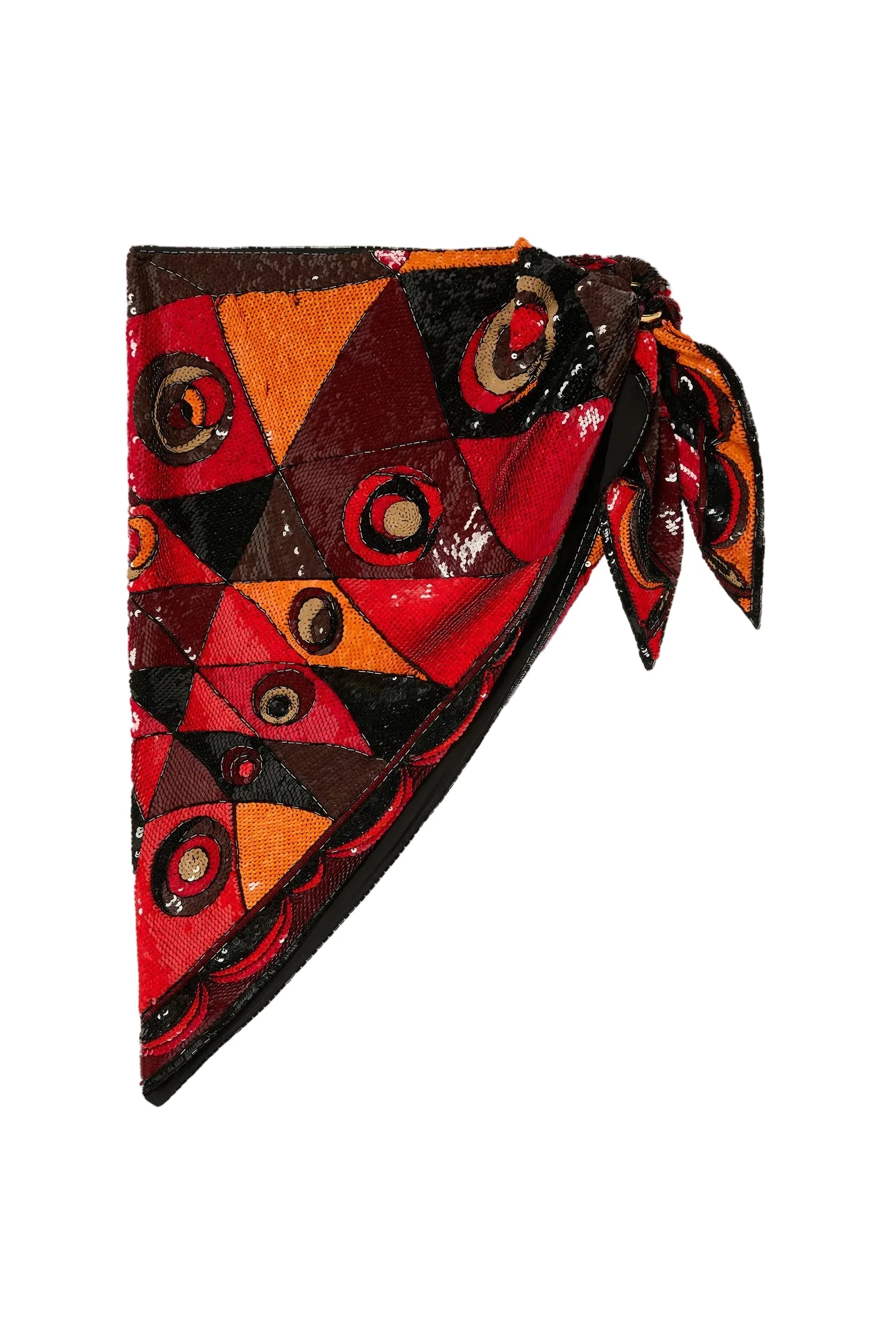 Colorful geometric patterned scarf on a white background