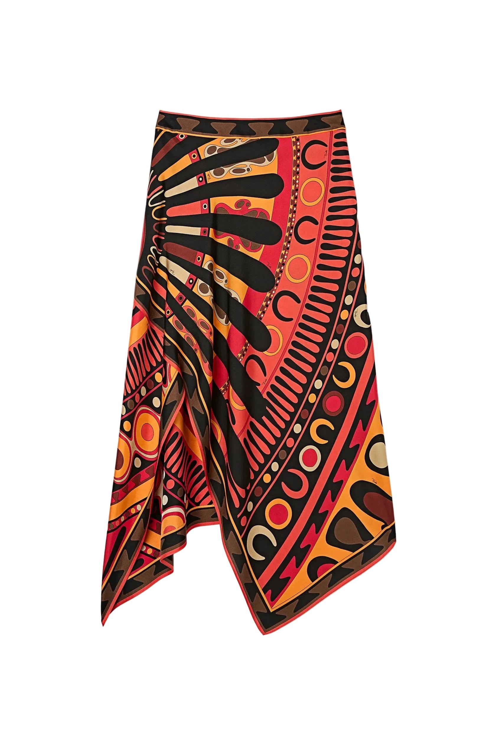 Decorative scarf with a vibrant geometric pattern on a white background