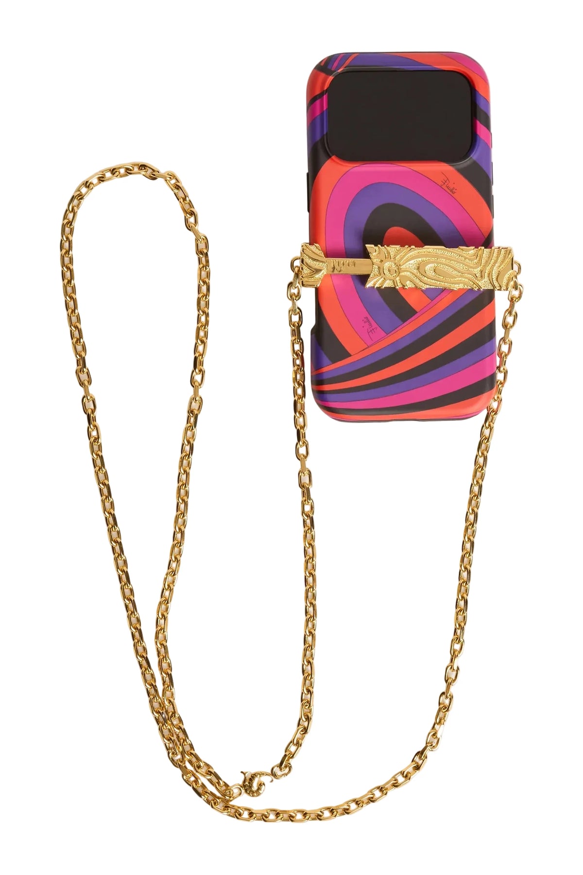 A phone case with a vibrant multicolor swirl pattern in pink, purple, orange, and black, featuring a gold chain strap and a gold clasp with a decorative emblem, shown on a light beige background.