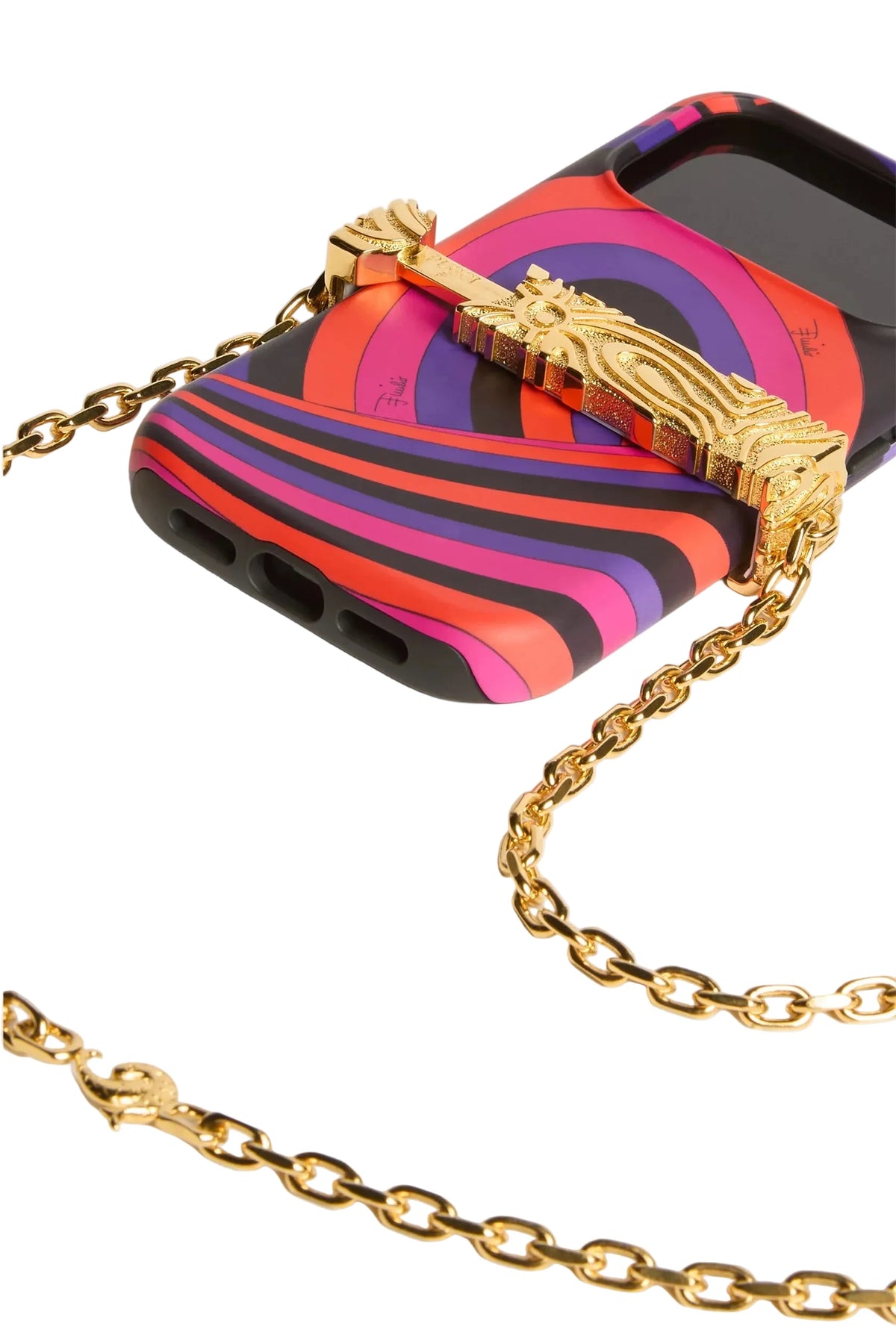 A close-up of a phone case with a vibrant multicolor striped pattern in pink, orange, purple, and black, featuring a prominent gold metallic lion head clasp and a matching gold chain strap.