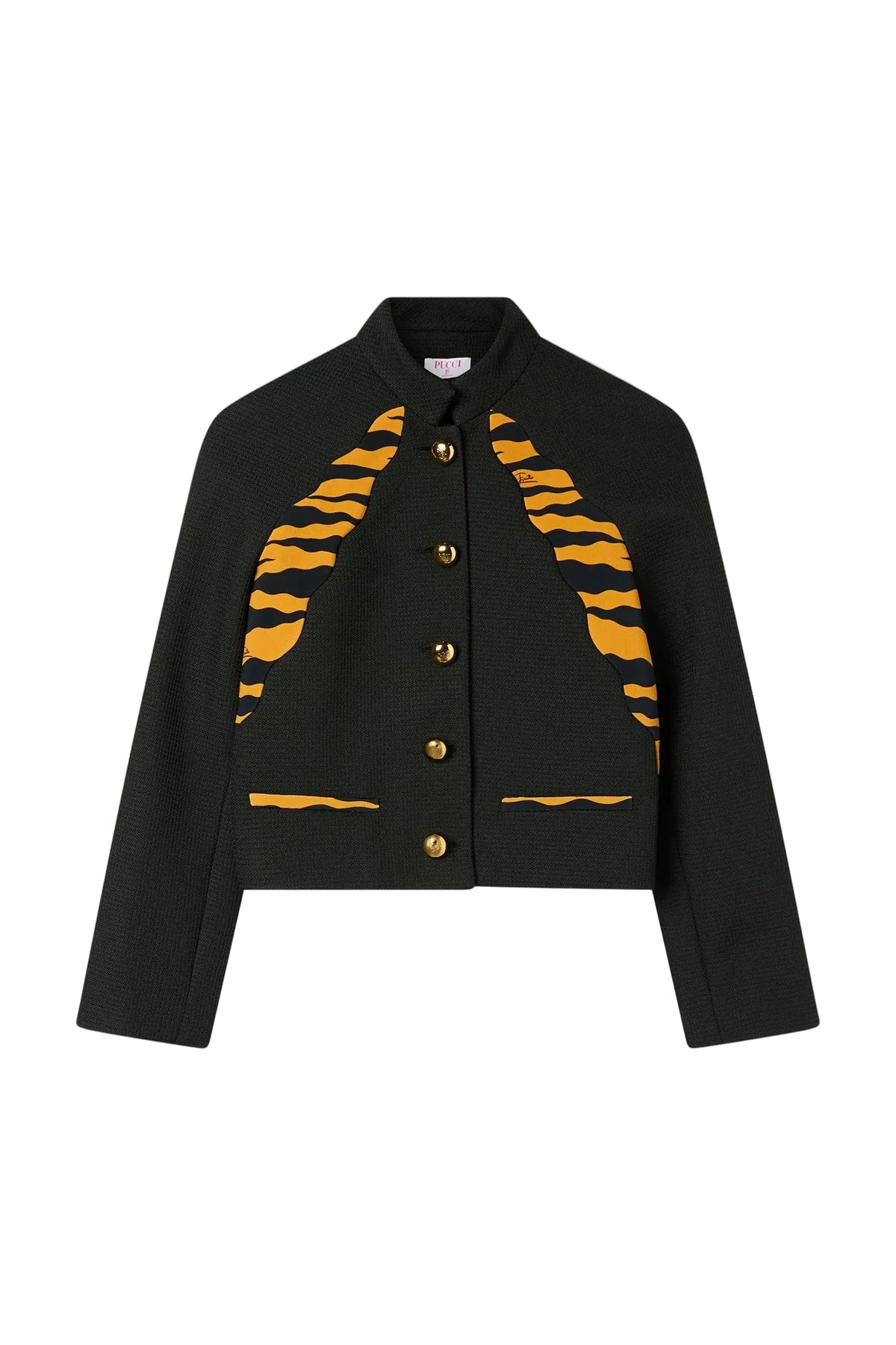 A black cropped jacket with bold orange tiger-stripe patterns on the chest and lower front pockets, featuring gold-tone buttons, shown flat against a light beige background.