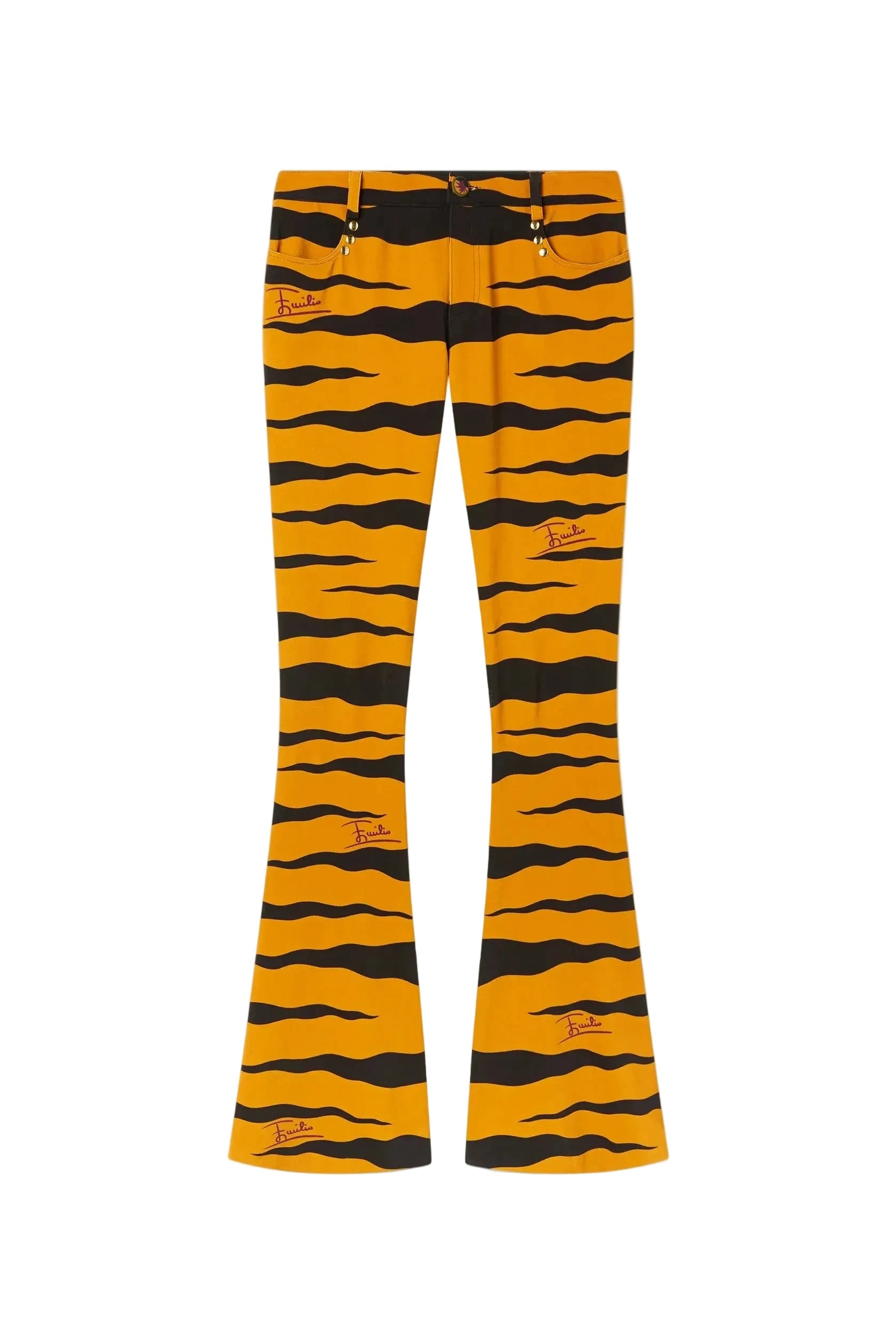 Yellow and black tiger-striped flare pants with small embroidered red and black logo patches, shown flat against a light beige background.