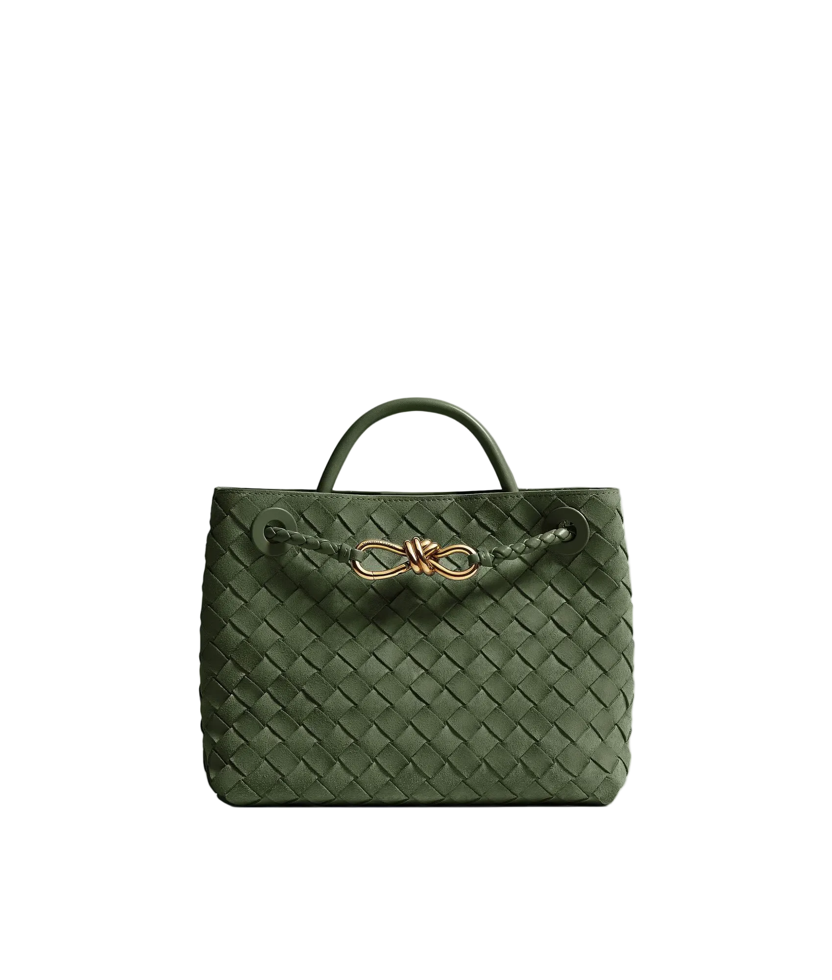 An olive green woven leather handbag with a top handle and a decorative gold-tone knot detail on the front, set against a clean light gray background.