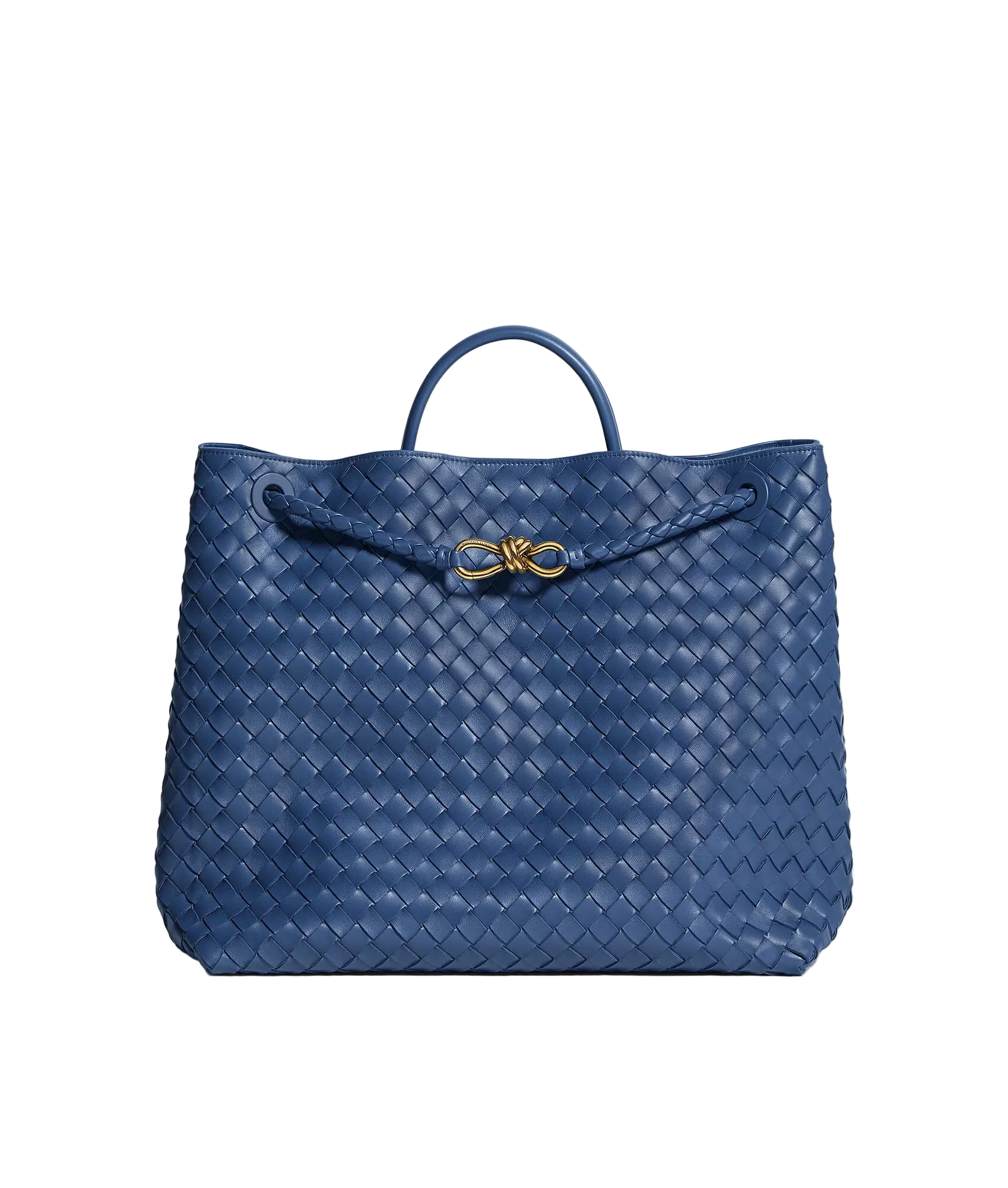 Blue woven handbag with a gold clasp on a light gray background