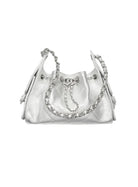 Silver handbag with chain details on a white background
