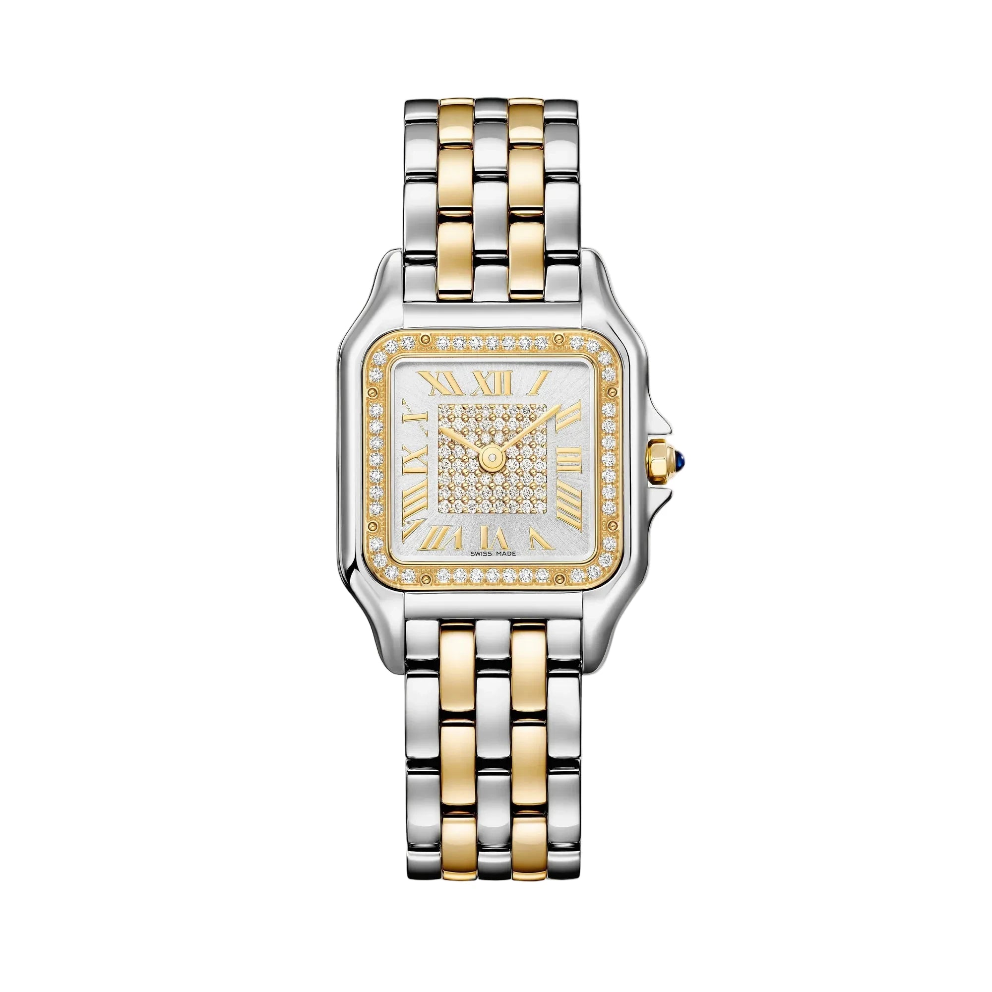 Luxury watch with two-tone metal band on a light gray background