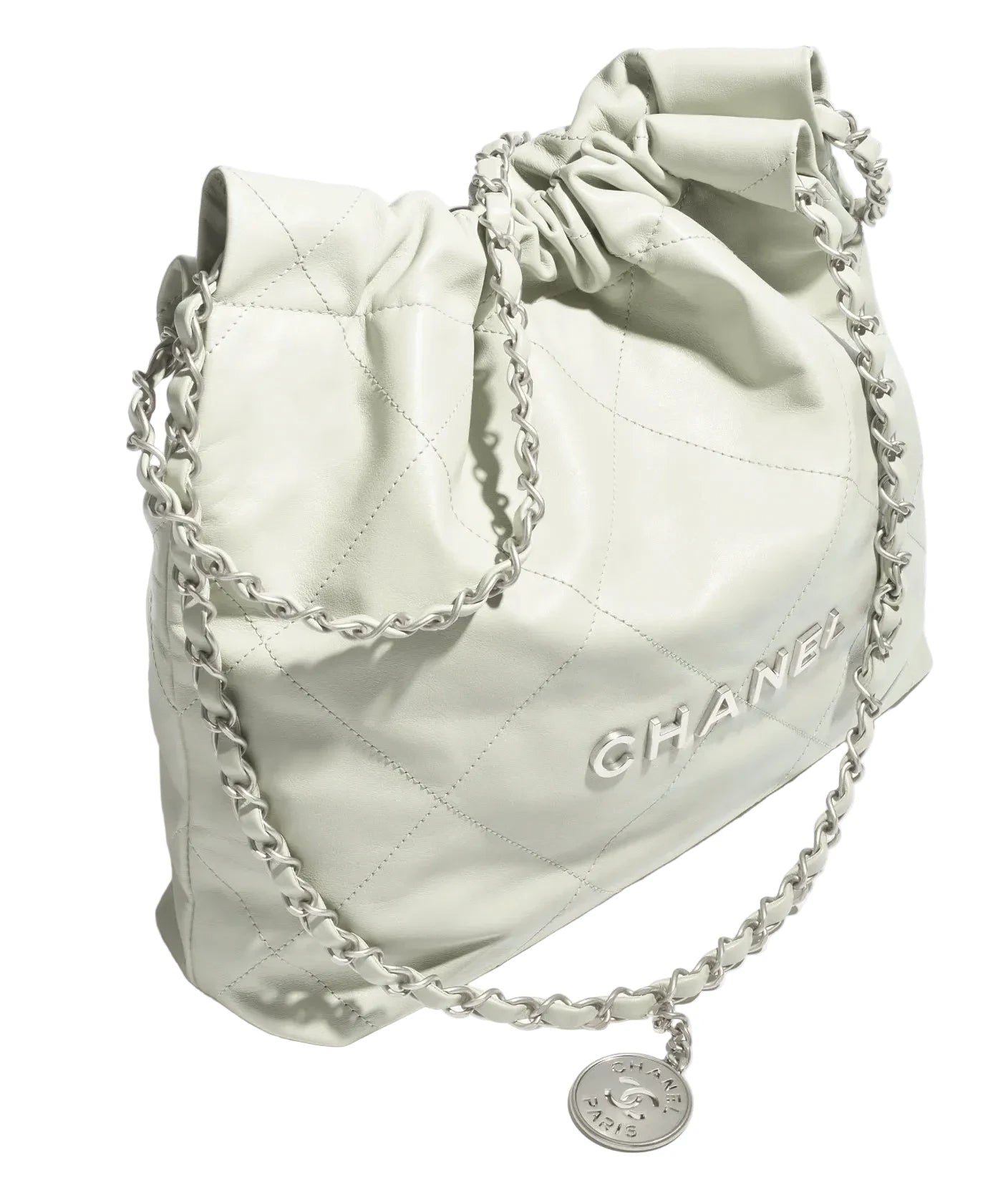 White quilted Chanel bag with chain details on a white background