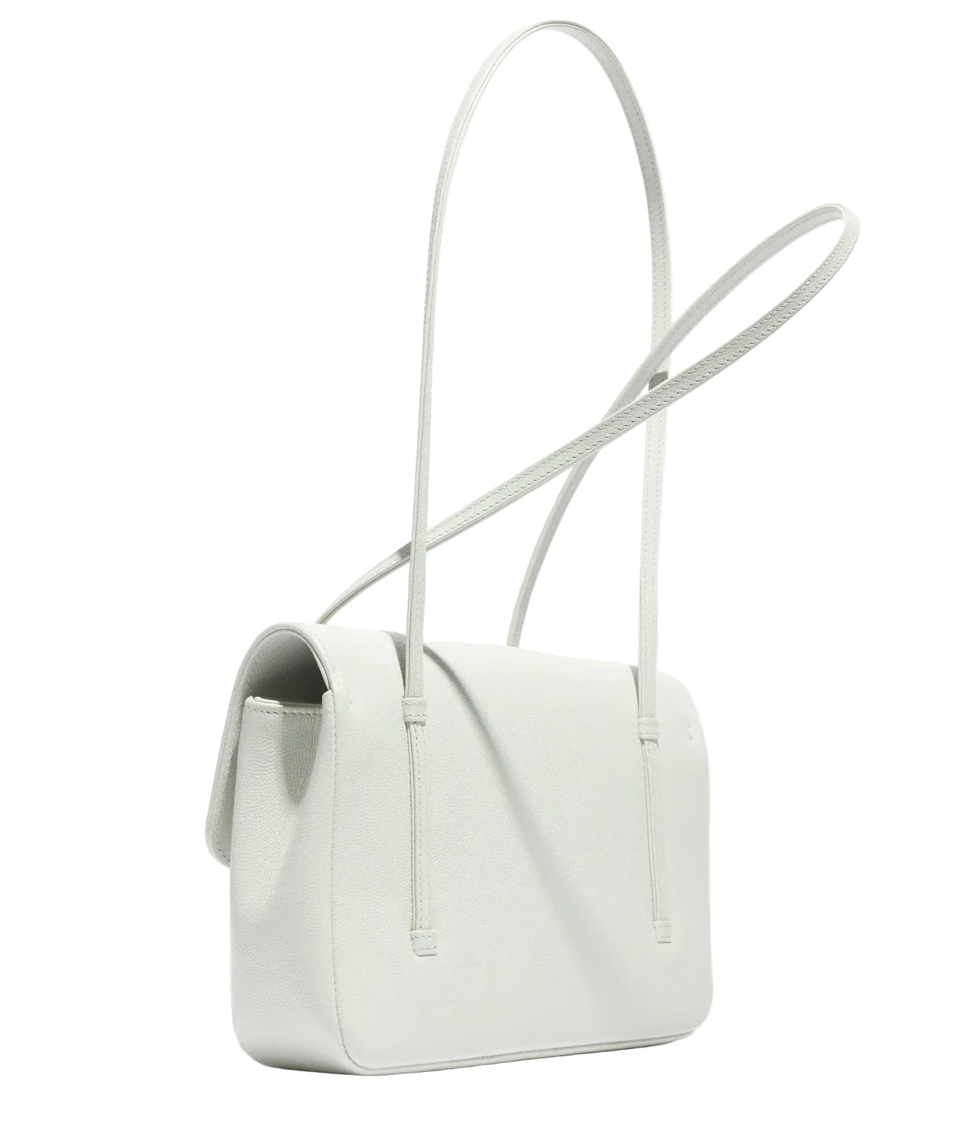 White handbag with a strap on a light gray background