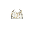 White handbag with gold chain detail on a white background