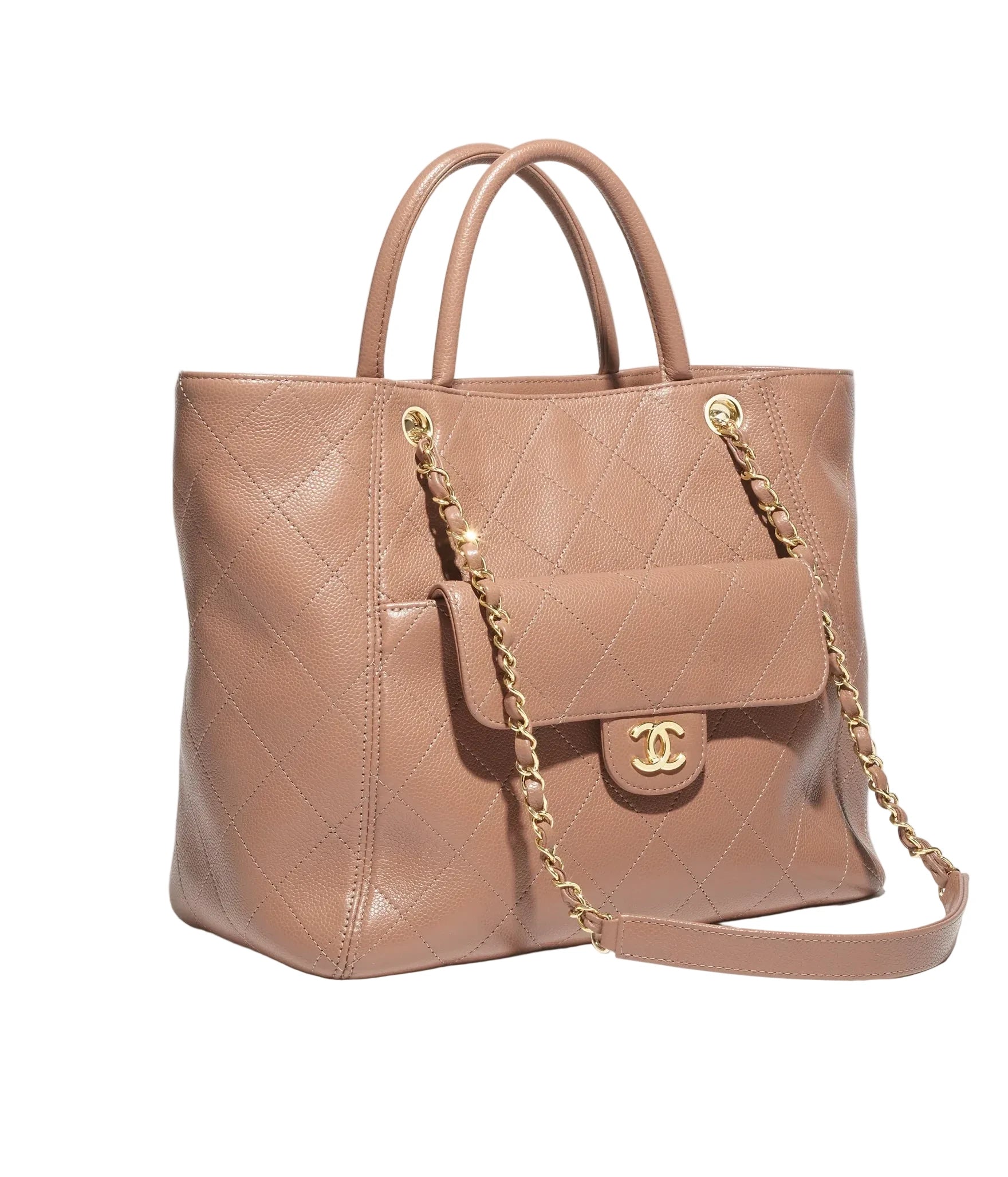 Beige handbag with gold chain and logo on a light gray background
