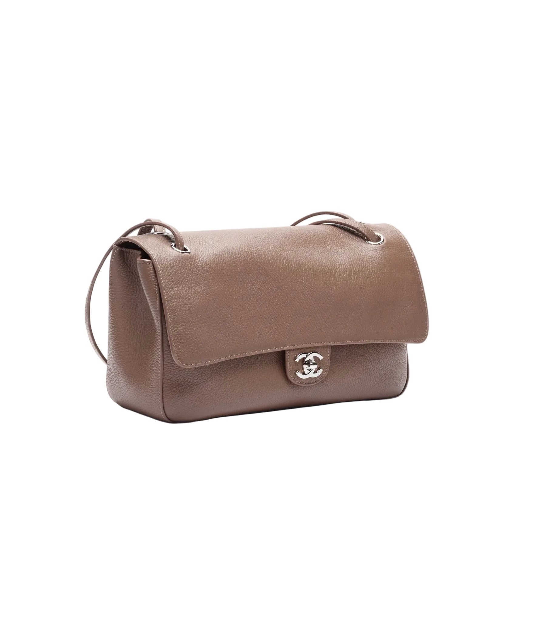 Beige handbag with a visible brand logo on a white background