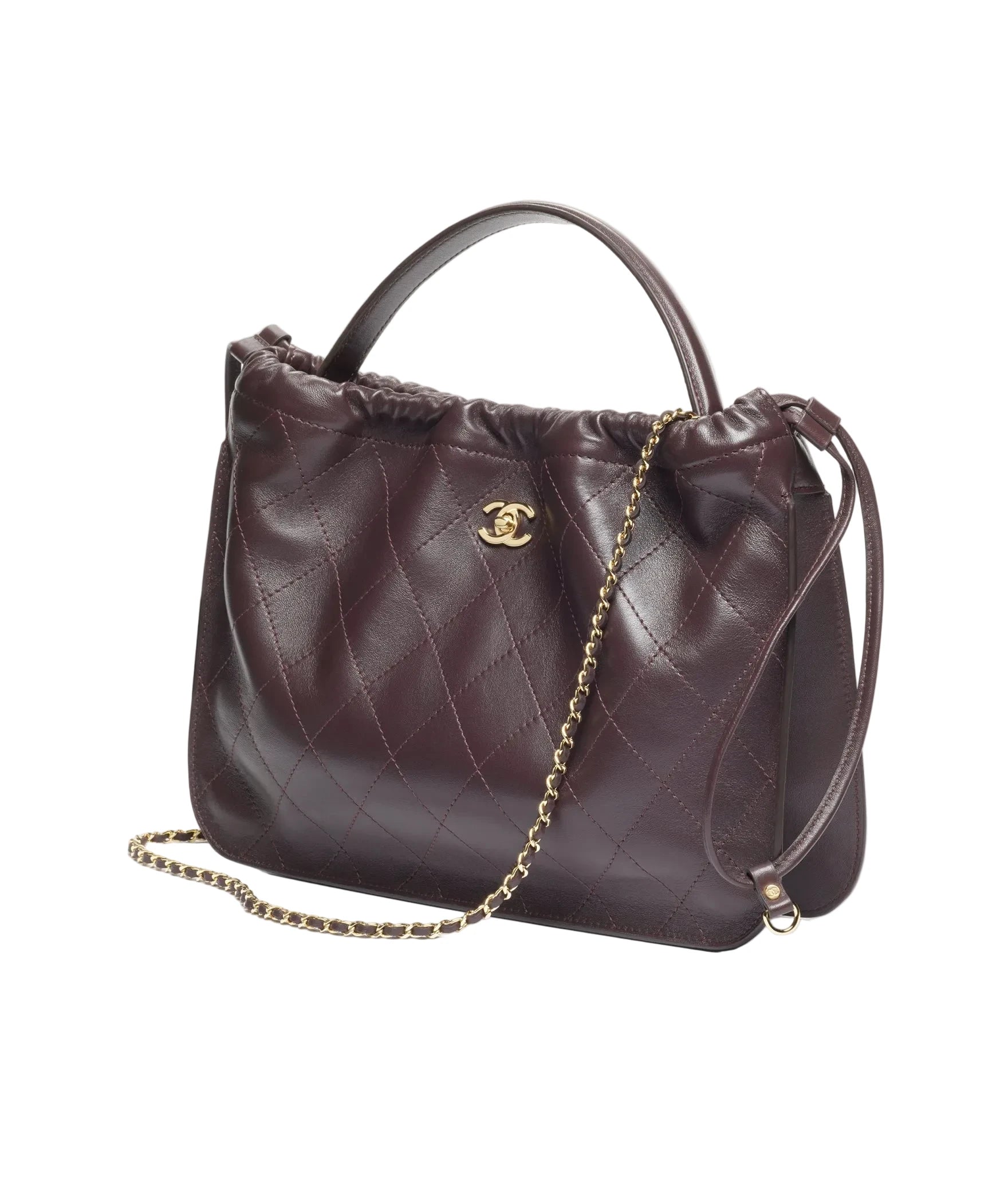 Brown quilted handbag with a chain detail on a white background