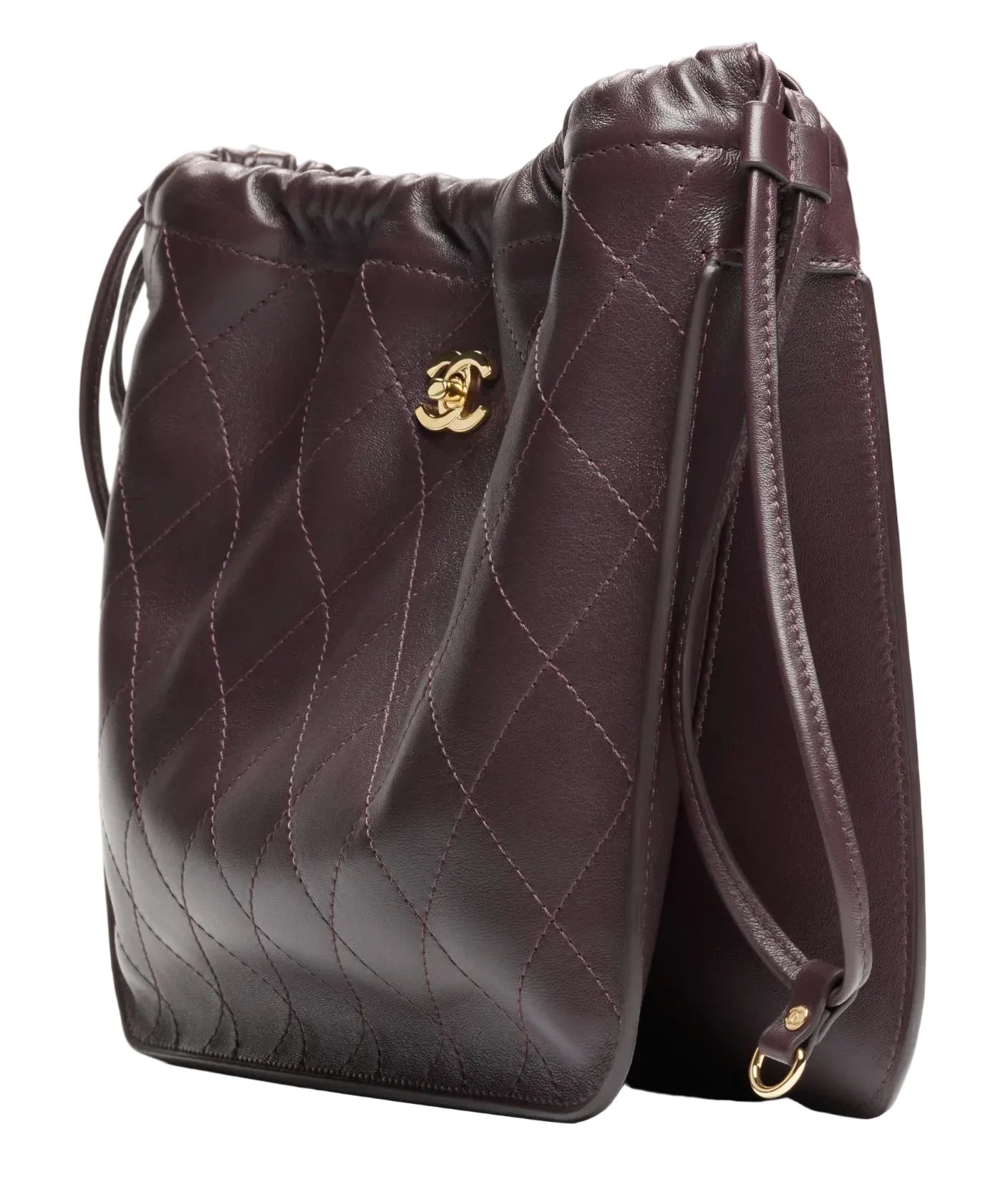 Brown quilted handbag with gold logo on a white background