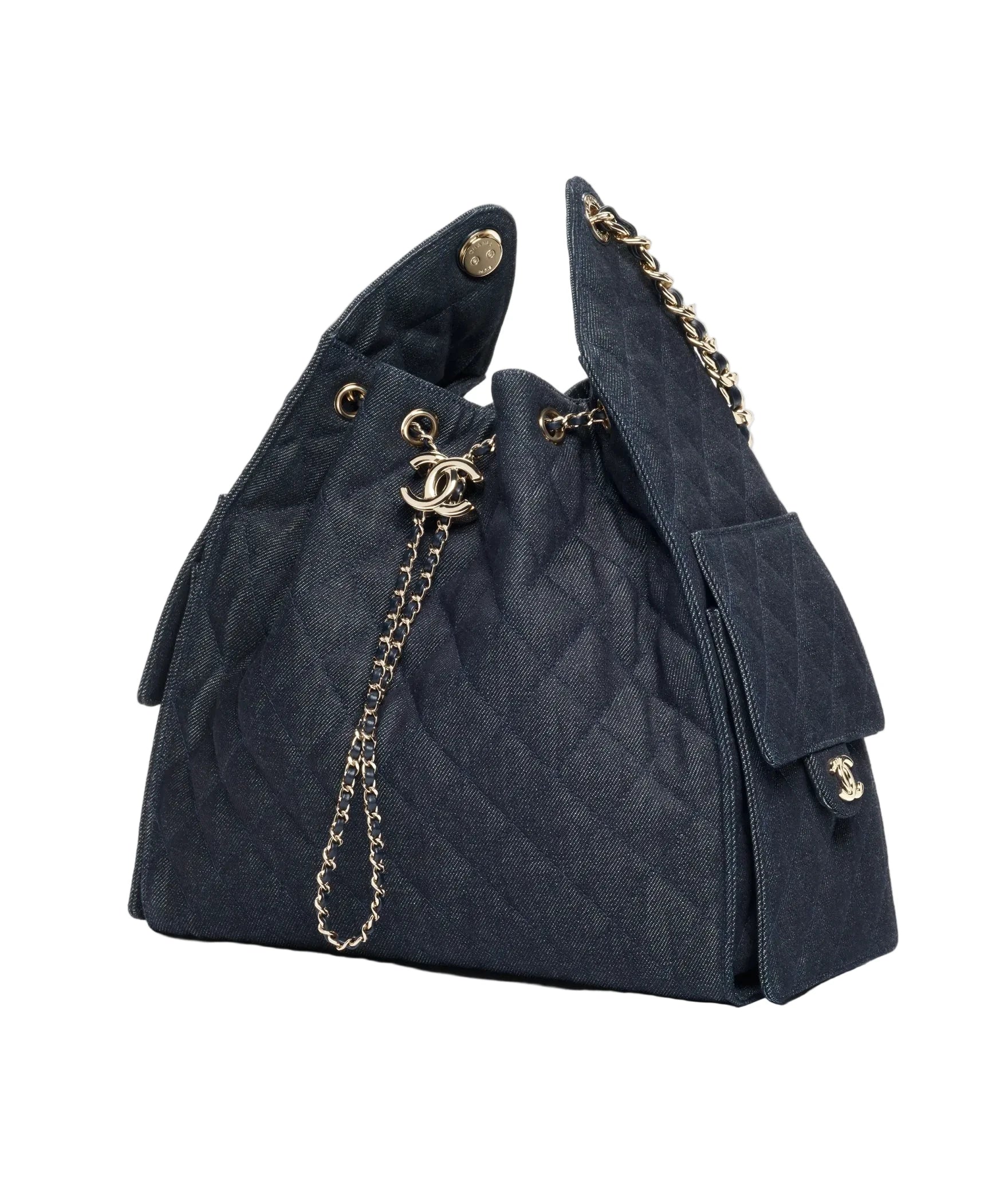 Black quilted handbag with gold chain detail on a white background
