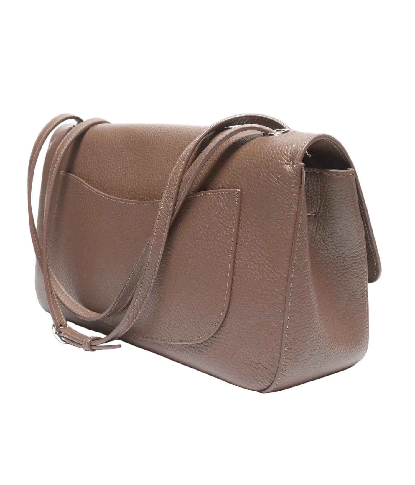 Brown leather handbag with a strap on a white background