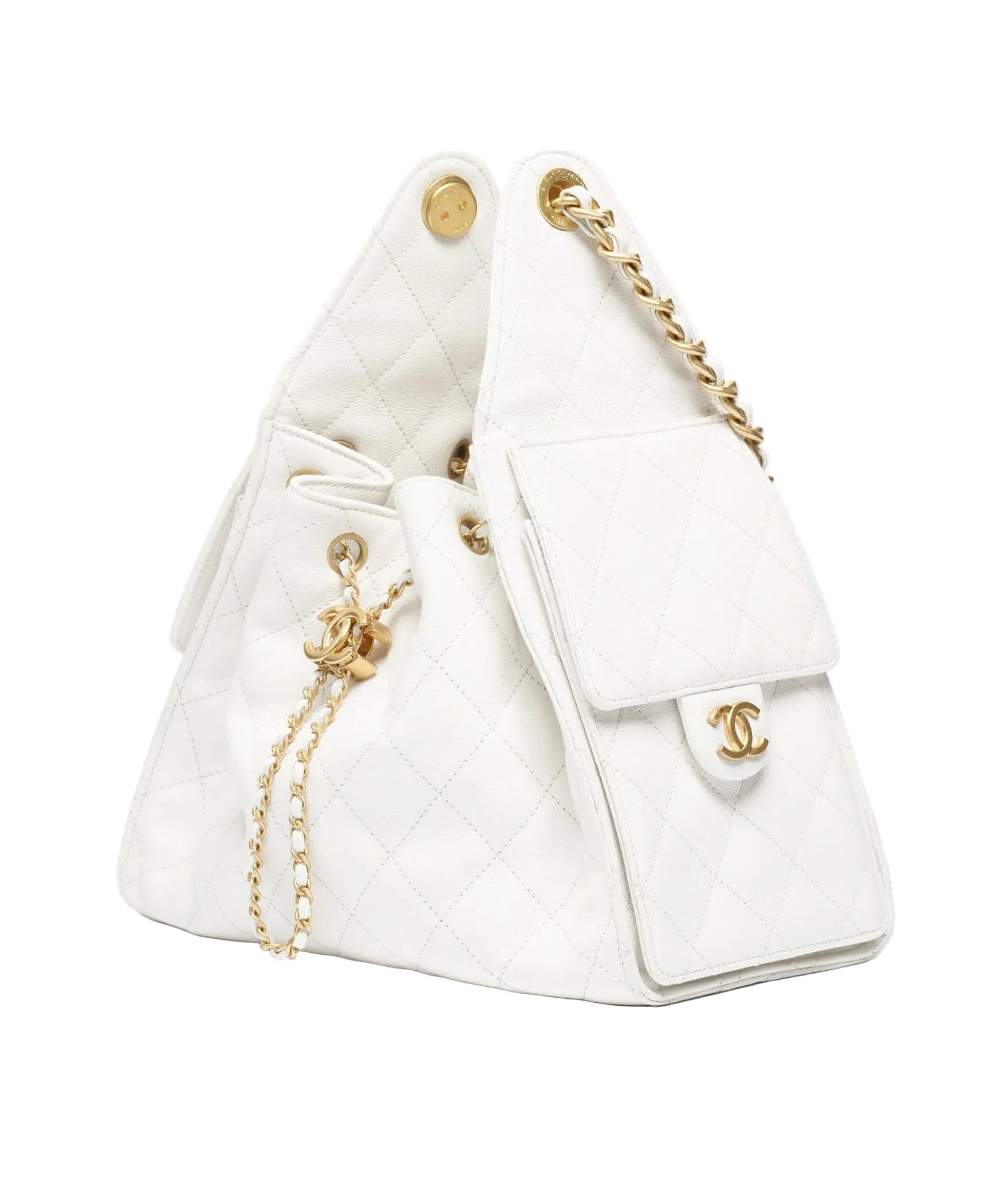 White handbag with gold chain and hardware on a white background