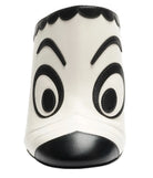 White sandal with black accents shaped like a face on a white background