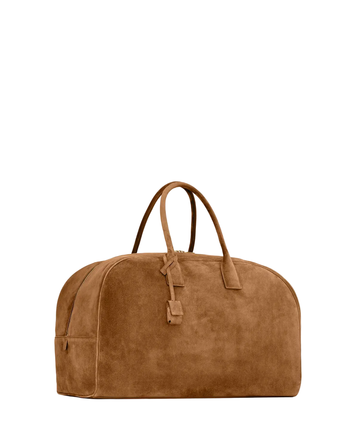 Brown suede duffel bag on a white background
