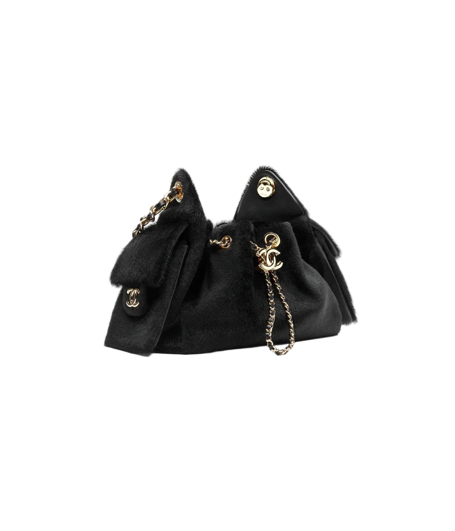Black handbag with gold hardware on a white background