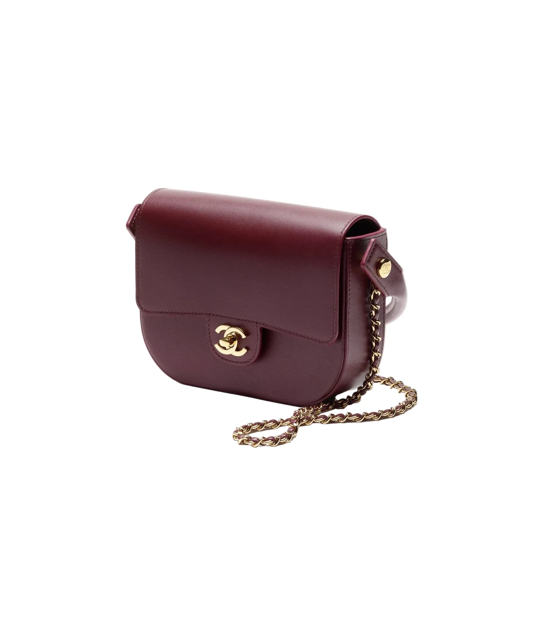 Maroon handbag with gold chain and clasp on a white background
