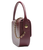 Purple handbag with gold chain and clasp on a white background