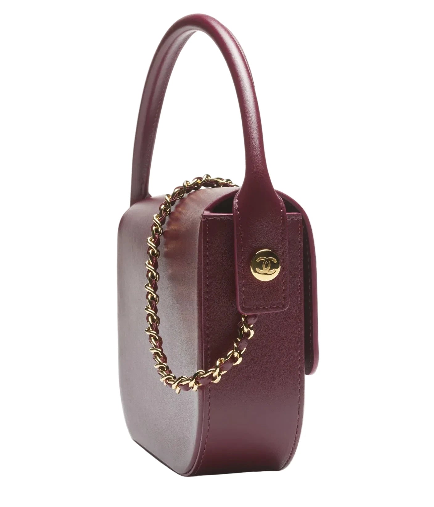 Purple handbag with gold chain and clasp on a white background