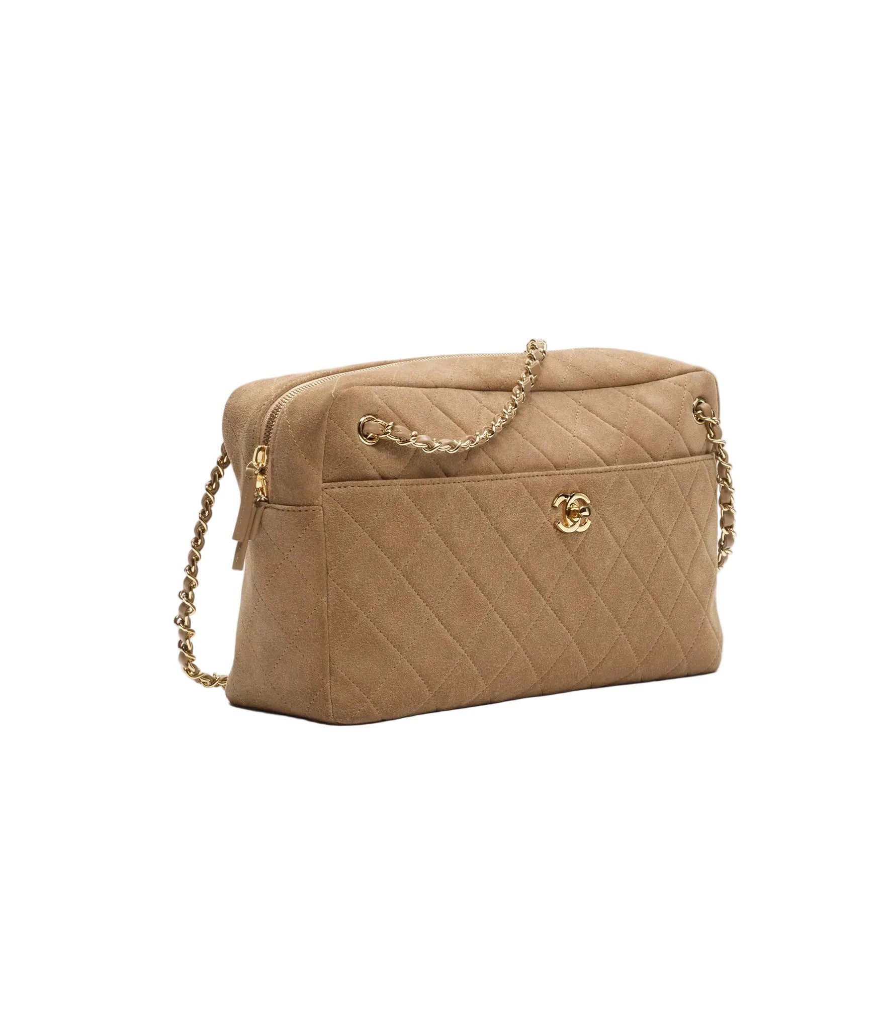 Beige quilted handbag with gold chain strap on a white background