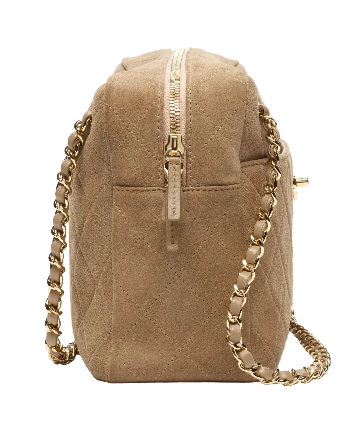 Beige suede handbag with gold chain strap on a white background