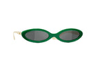 Oval sunglasses with a vibrant green frame and dark gray lenses, featuring cream-colored temples with a small gold logo, set against a plain white background.