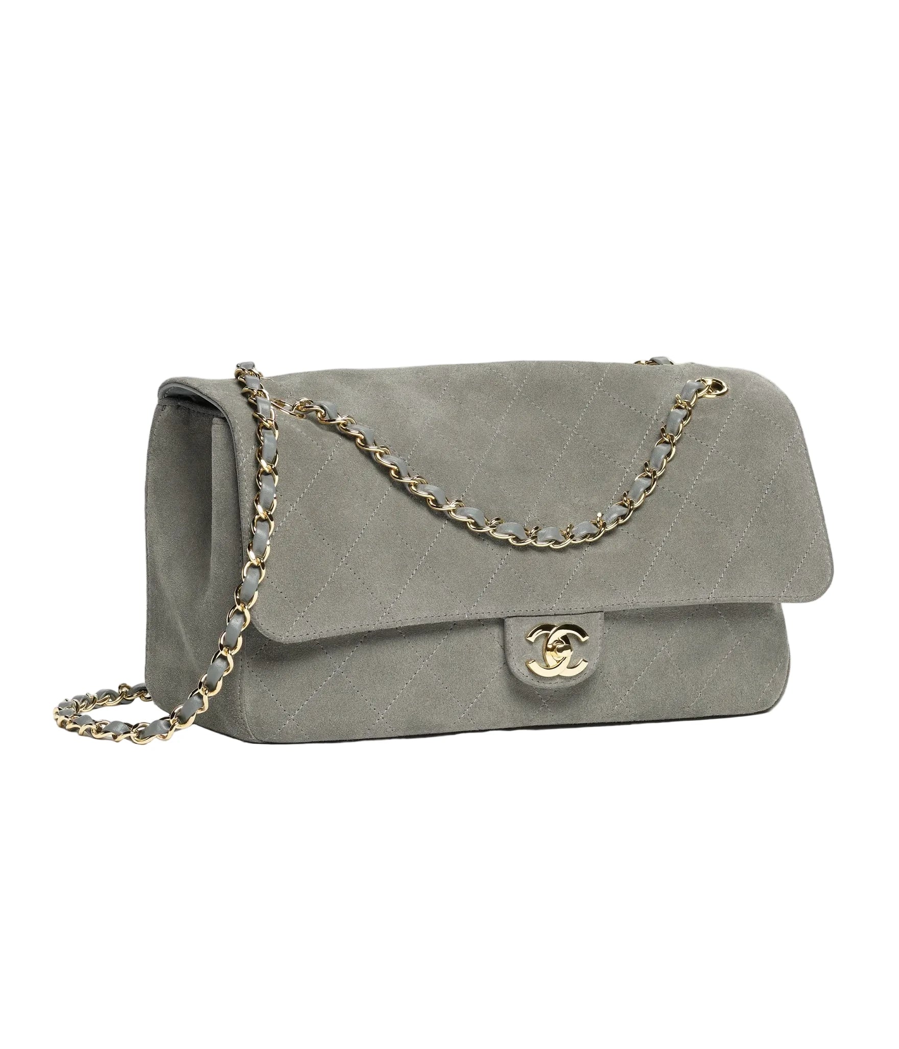 A classic Chanel shoulder bag in gray suede with a gold-tone interlocking CC clasp and a chain strap, shown on a plain white background.