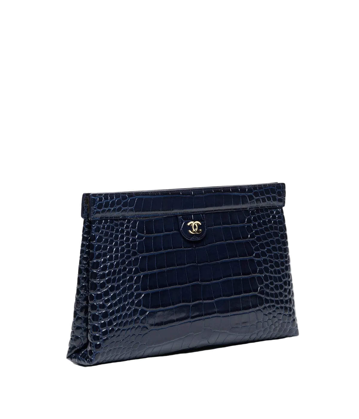 A navy blue crocodile-embossed leather clutch bag with a gold-tone interlocking CC logo on the front, set against a plain white background.