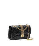 A black quilted leather handbag with a gold-tone chain strap and a gold clasp, photographed on a clean white background.