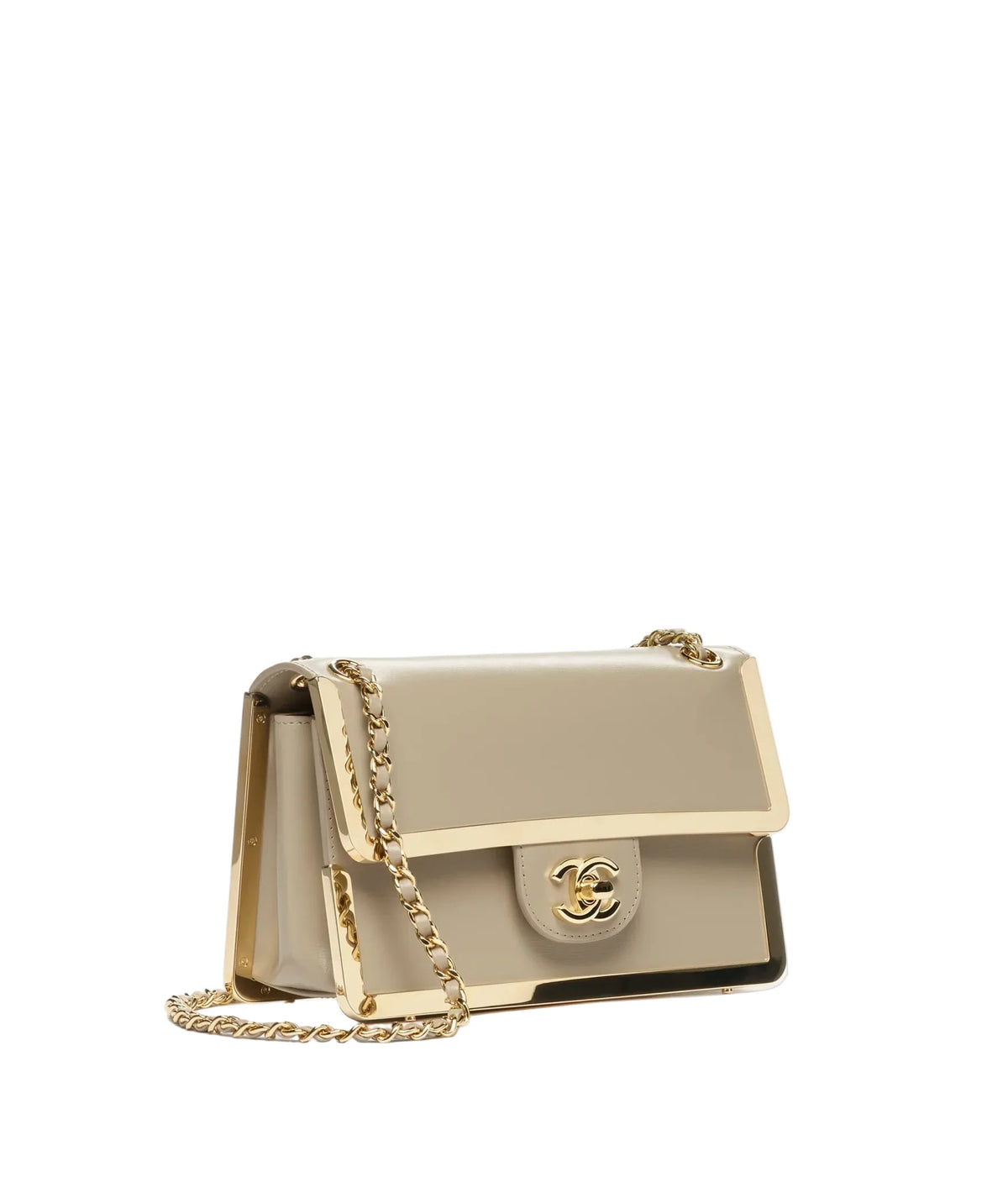 A structured flap shoulder bag in light beige leather with gold-tone hardware, a gold chain strap, and a prominent interlocking CC logo on the front, photographed on a clean white background.