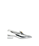 A single metallic silver slingback shoe with a pointed toe and a small gold logo detail on the strap, shown in profile against a plain white background.